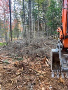 An orange excavator is working in a wooded area.