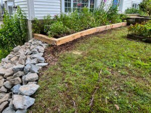 A garden bed with rocks in it.