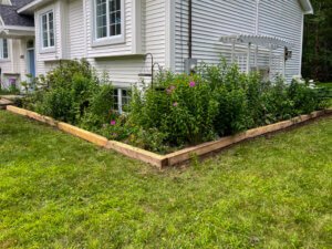 A raised garden bed in front of a house.