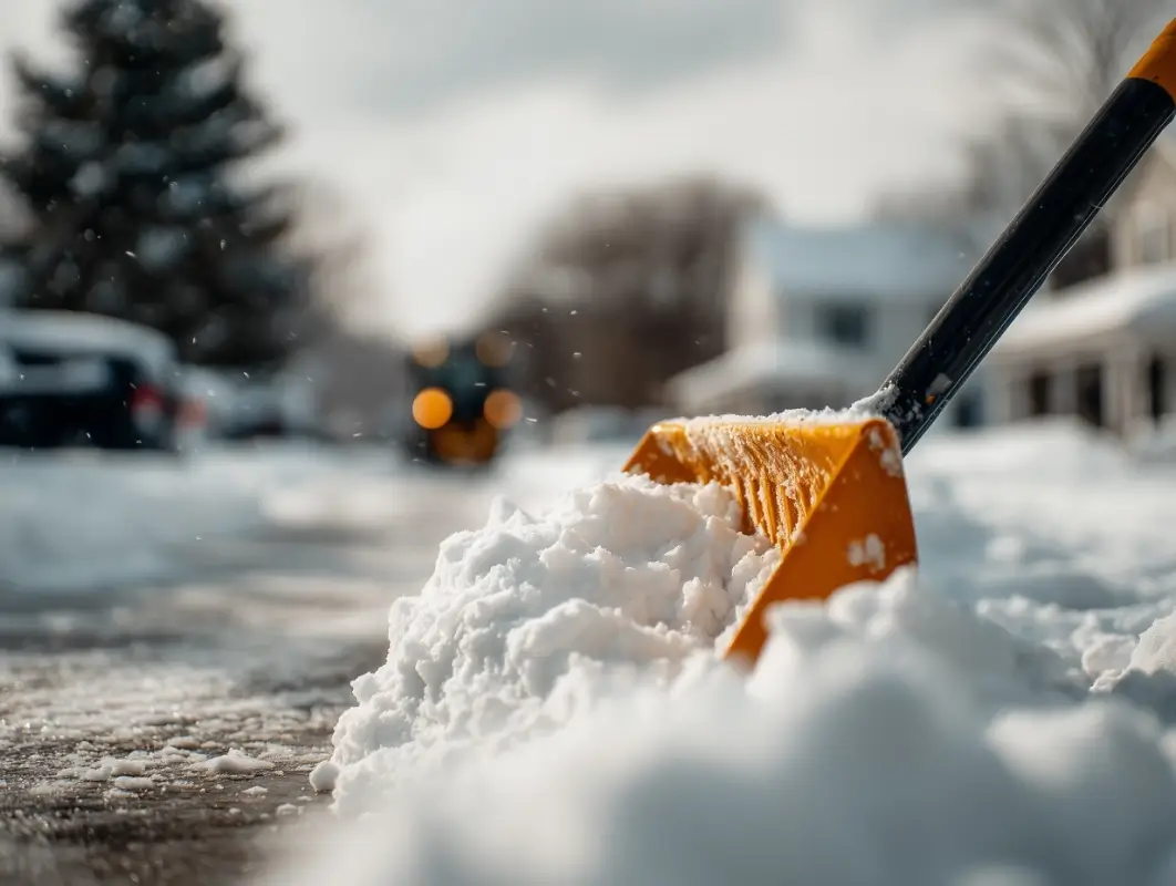 Image of a snow shovel digging in the snow in a neighborhood